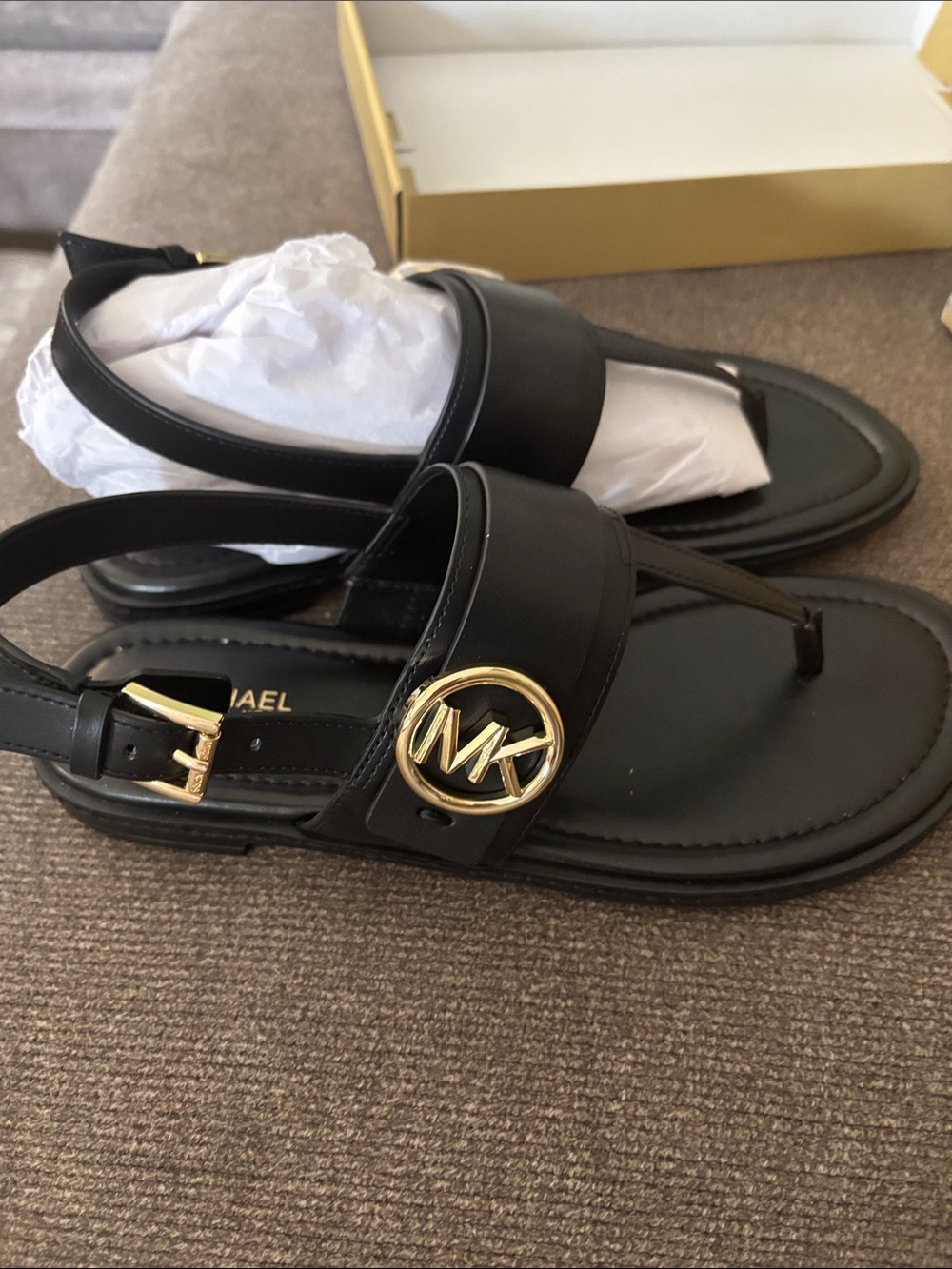 Michael Kors Black Leather T-Strap Sandals with Gold Logo - Picture 2 of 6